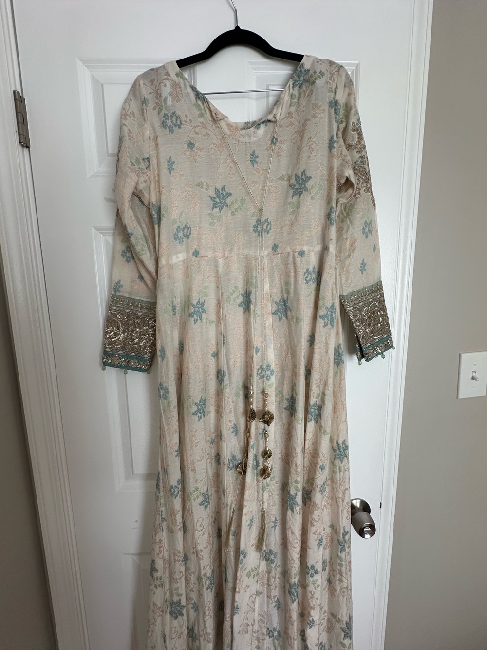 Maria B - Cream & Light Blue Embroidered Long Dress - Picture 4 of 7